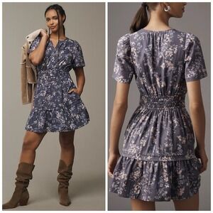 NWT by Anthropologie The Somerset Mini Dress in Blue Floral‎ Small Boho Cottage